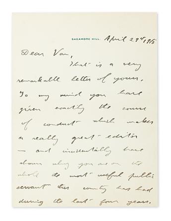 (ROOSEVELT, THEODORE.) Archive of correspondence to Edwin A. Van Valkenburg, each item Signed, or Signed and Inscribed, by members of t